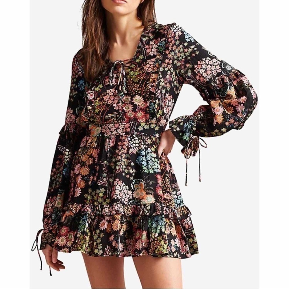 Ted Baker Hendria Ruffle Trim Mini Dress Size 1 US 4 Dark Floral